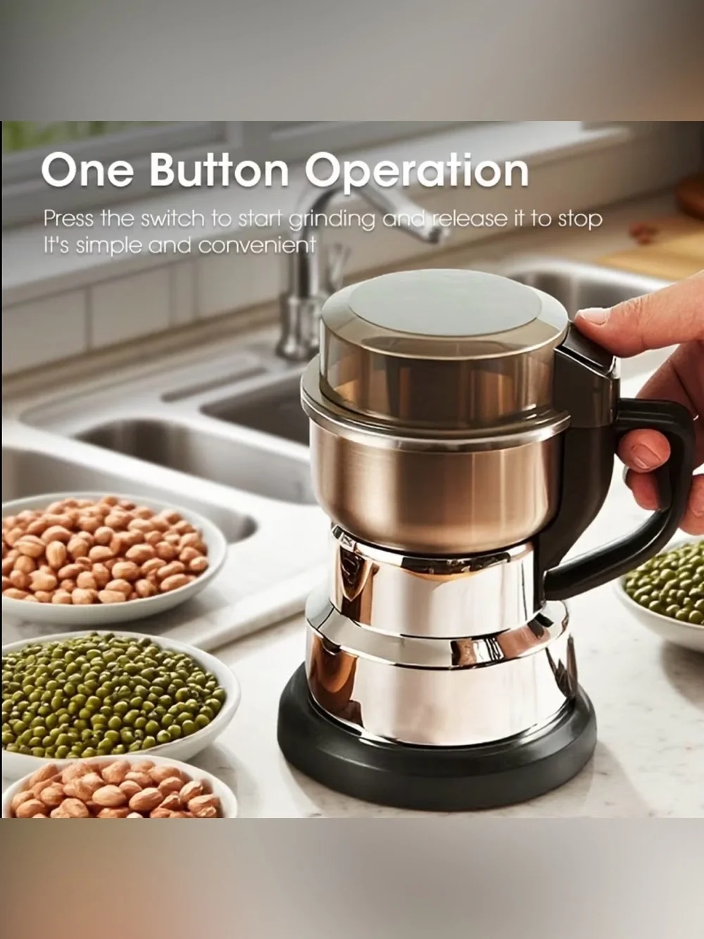 Portable Silver Electric Coffee Grinder with Black Handle